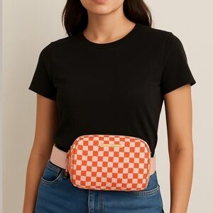 Poppy & Peonies On the Run belt bag Checkered Crossbody Bag coral pink gold